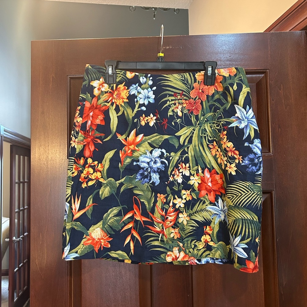 Tommy Bahama Resort 100% Linen Tropical Floral Mini‎ Skirt Navy Size 12